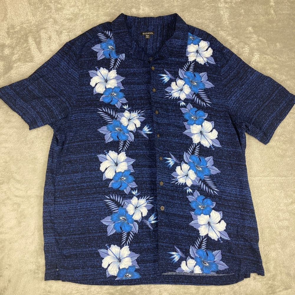 George Mens 2XL Floral Hawaiian Shirt Blue White Tropical Button Down